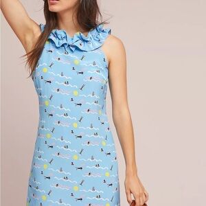 Larke for Anthropologie Harper Blue Ruffled Petite Sleeveless Dress